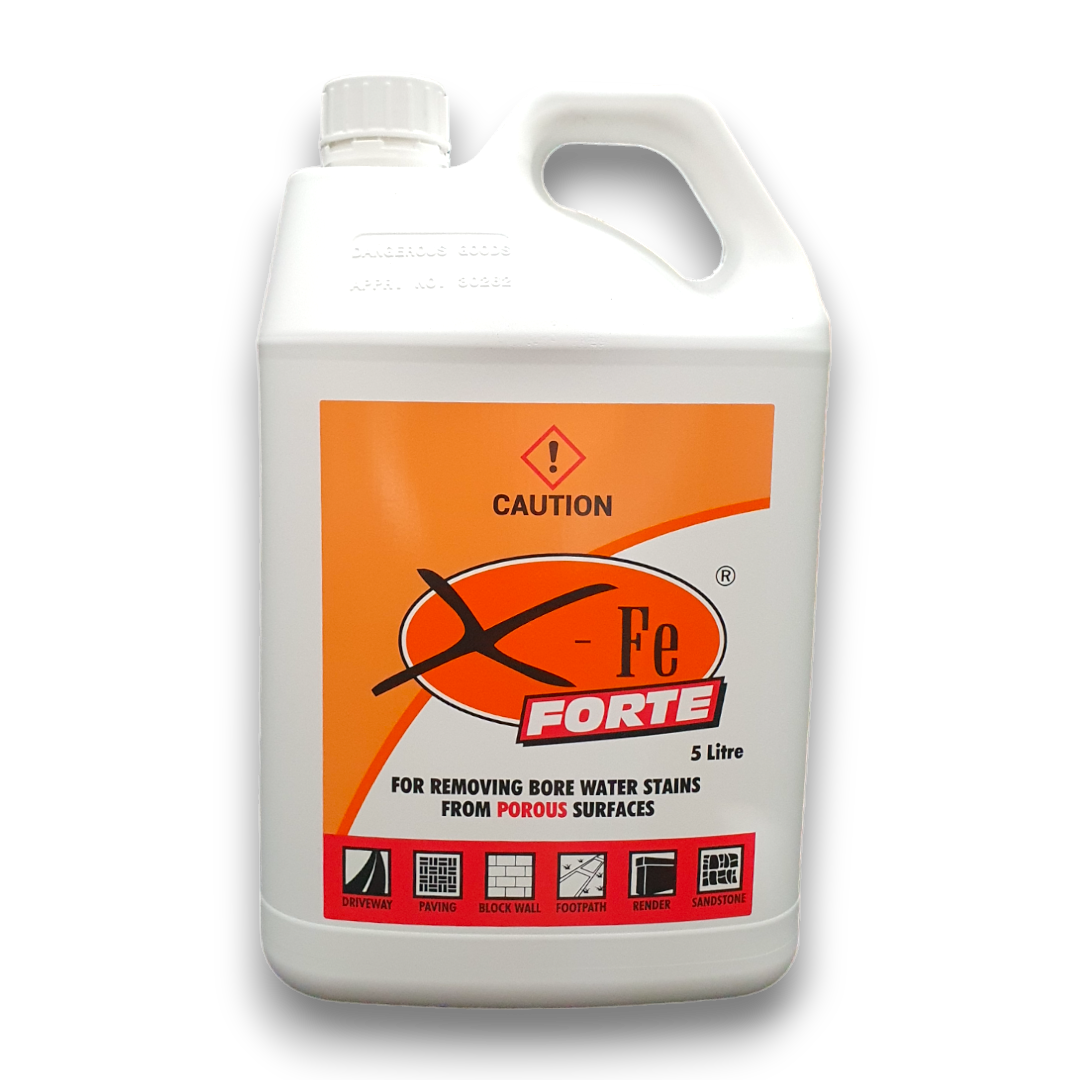 X-Fe Forte 5L bore water iron stain remover for larger porous surface areas – driveways, retaining walls and paving
