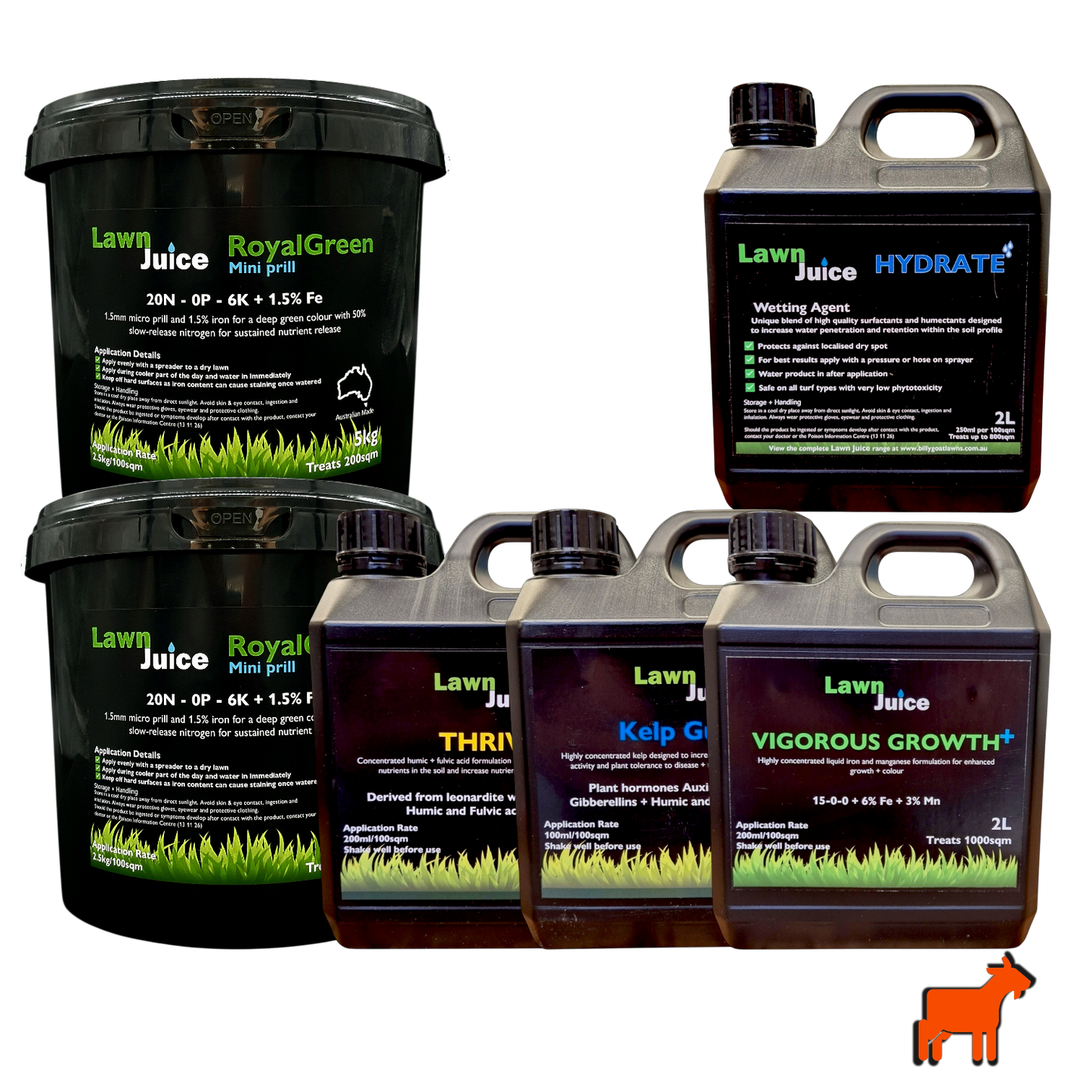 Mighty Goat Lawns year-round lawn care bundle – large size, all products laid out