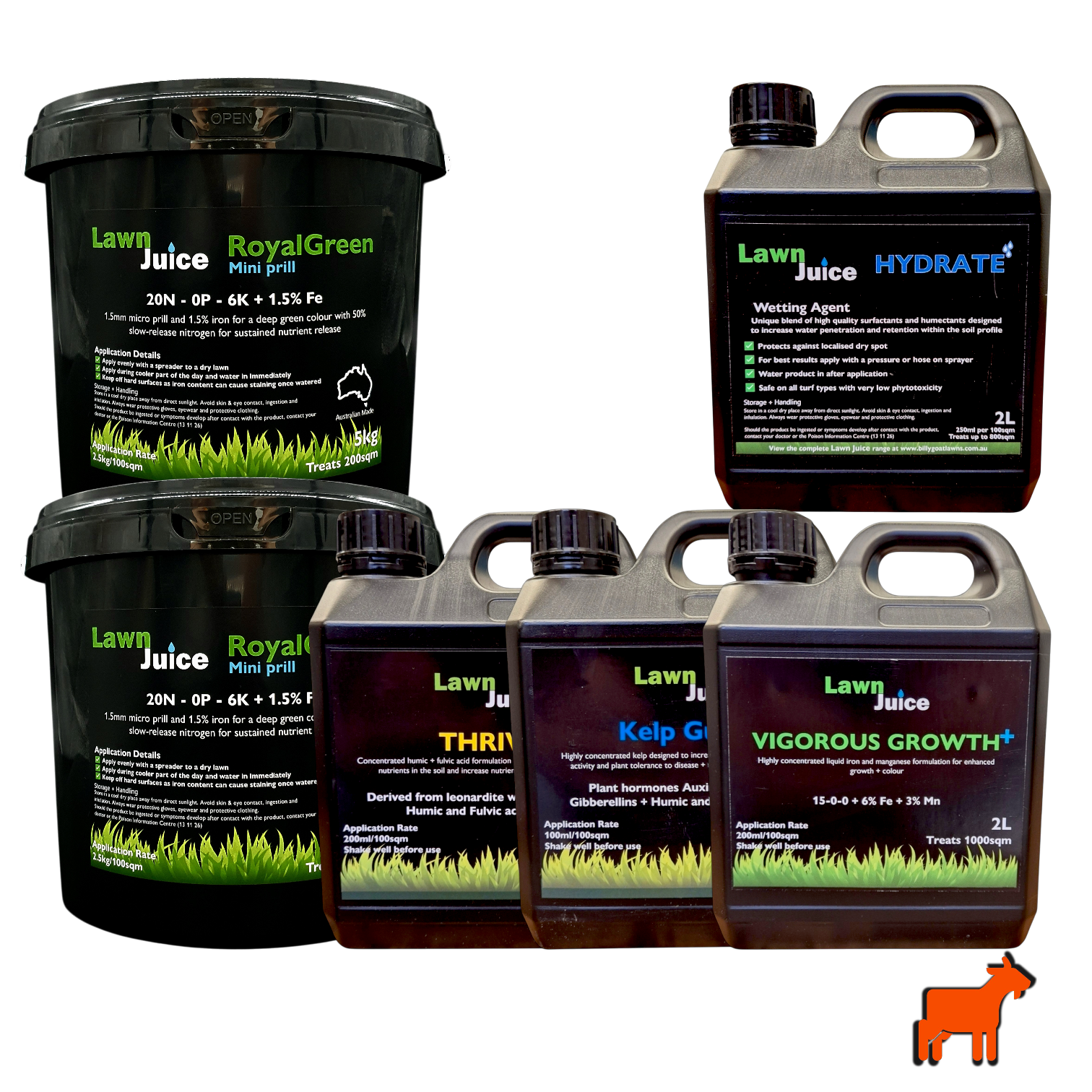 Mighty Goat Lawns year-round lawn care bundle – large size, all products laid out