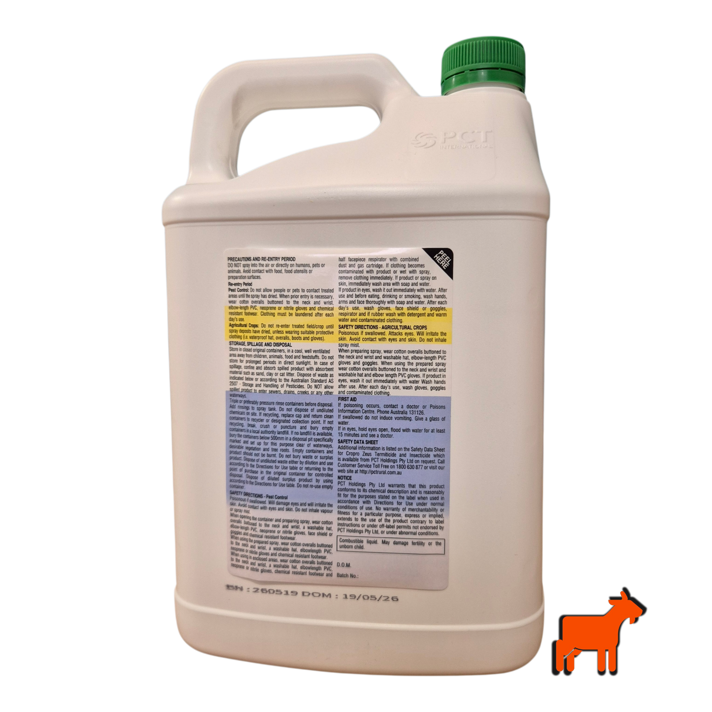 Zeus insecticide back label showing Bifenthrin 100g/L active ingredient and application rates for turf and external pests
