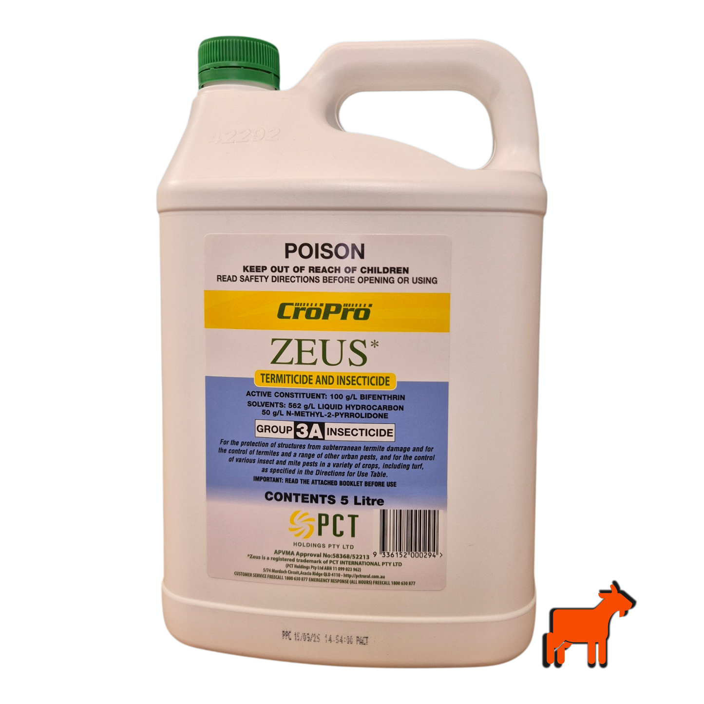 Zeus insecticide 5L front packaging for large lawn pest control areas – lawns, gardens and structures