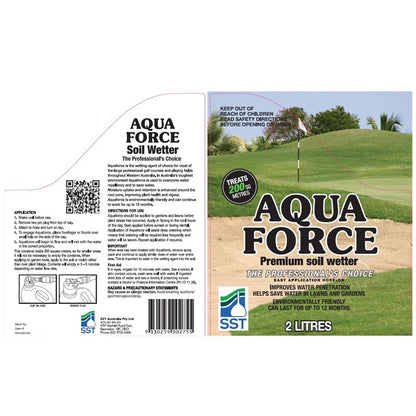 Aqua Force 2L concentrated wetting agent for dry patch prevention and hydrophobic soil treatment in Australian lawns label