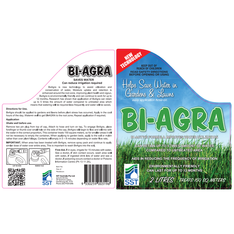 Bi-Agra 2L product label showing application rates and water retention technology for Australian lawns