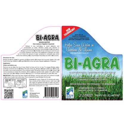 Bi-Agra 2L product label showing application rates and water retention technology for Australian lawns