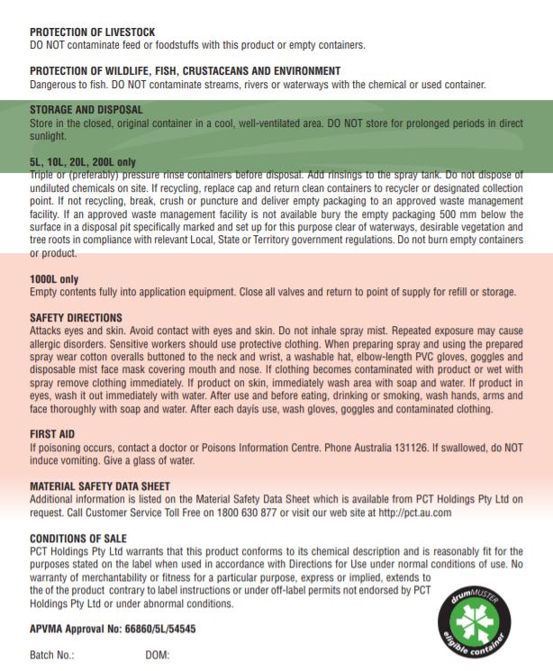 Chlortan 720 5L back label showing application rates and registered disease targets for turf fungicide use