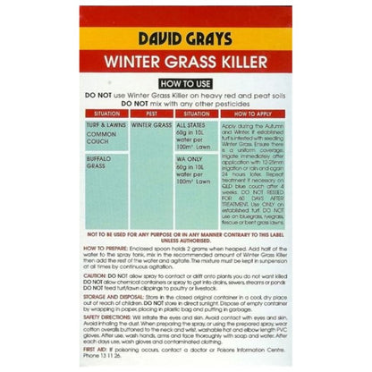 David Grays Wintergrass Killer back label showing application rate 60g per 10L water and lawn type compatibility
