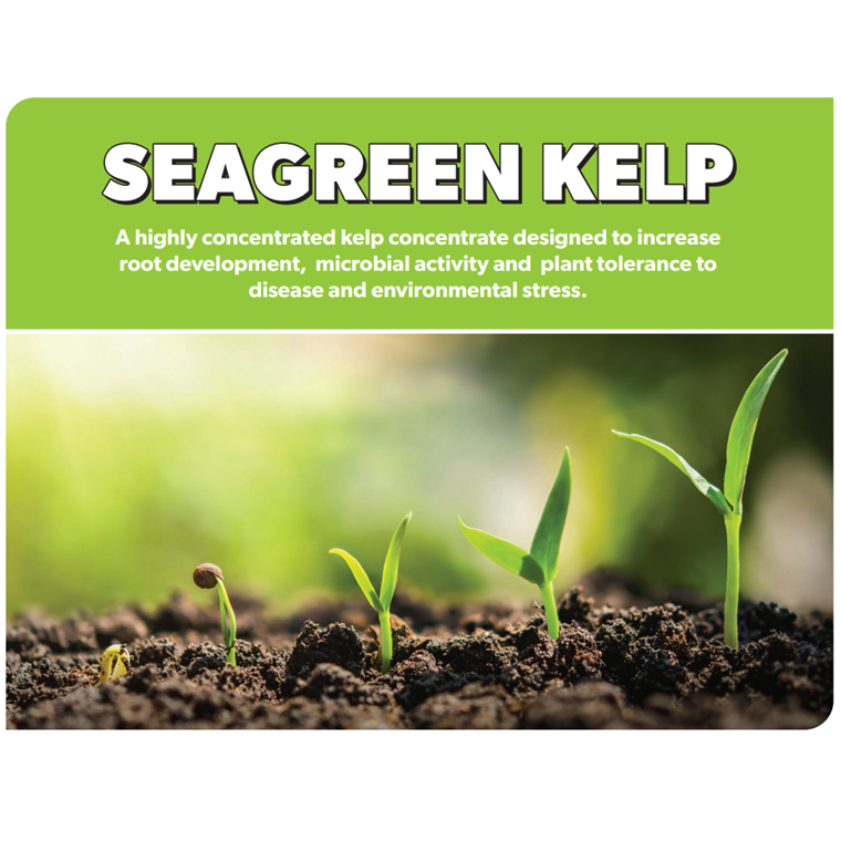 PGF SeaGreen Kelp label showing application rates and product details for liquid kelp concentrate