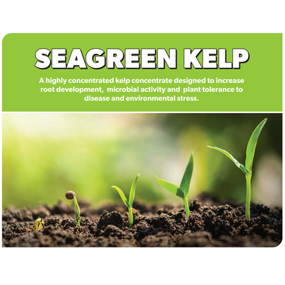 PGF SeaGreen Kelp label showing application rates and product details for liquid kelp concentrate