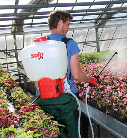 Solo 417Li 18L battery backpack sprayer being worn showing padded shoulder straps and ergonomic frame