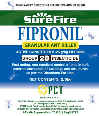 Surefire Fipronil Granular Ant Killer label showing application rates and directions for ant nest elimination