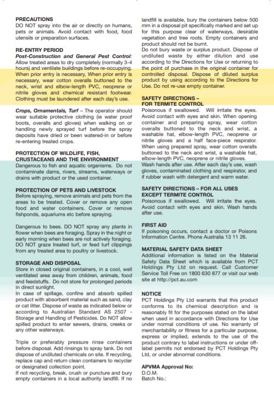 Surefire Five Star insecticide back label showing application rates for turf, ornamentals and general domestic pest control