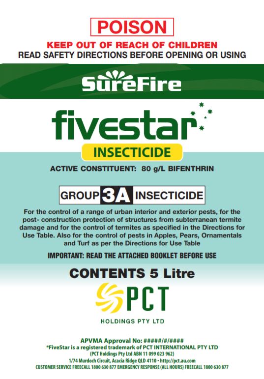 Surefire Five Star insecticide front label showing Bifenthrin 80g/L active ingredient and registered pest list