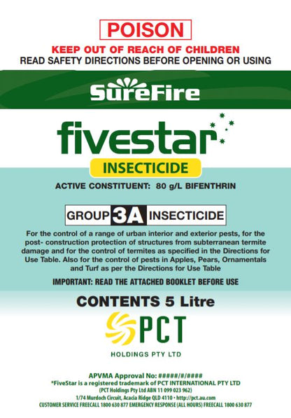 Surefire Five Star insecticide front label showing Bifenthrin 80g/L active ingredient and registered pest list